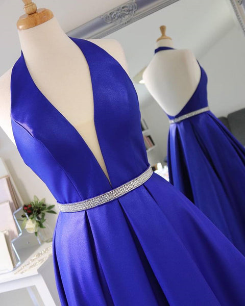 Halter V Neck Backless Blue Long Prom Dresses with Belt, Backless Blue Formal Evening Dresses EP1352