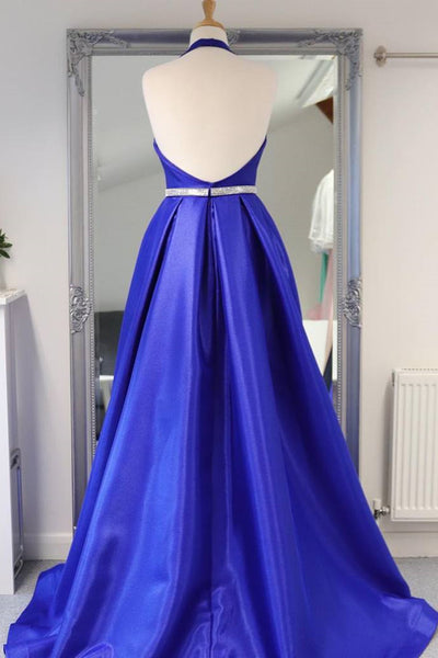 Halter V Neck Backless Blue Long Prom Dresses with Belt, Backless Blue Formal Evening Dresses EP1352