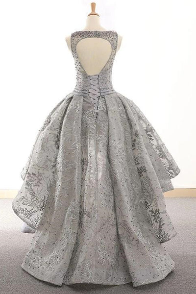 High Low Round Neck Open Back Beaded Silver Gray Lace Prom Dresses, High Low Silver Gray Formal Evening Dresses EP1459