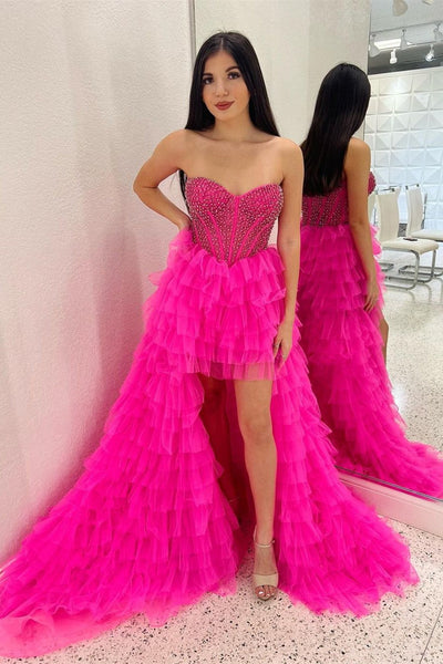 High Low Strapless Beaded Ruffle Red/Pink Tulle Long Prom Dresses, High Low Red/Pink Formal Evening Dresses, Ball Gown EP1781