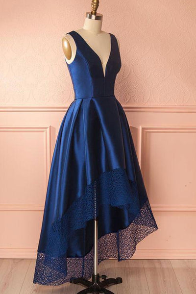 High Low V Neck Blue Satin Prom Dresses, Open Back Blue Formal Dresses, Blue Evening Dresses EP1378