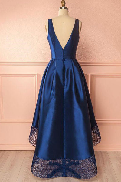 High Low V Neck Blue Satin Prom Dresses, Open Back Blue Formal Dresses, Blue Evening Dresses EP1378