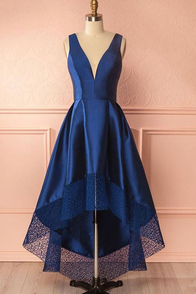 High Low V Neck Blue Satin Prom Dresses, Open Back Blue Formal Dresses, Blue Evening Dresses EP1378