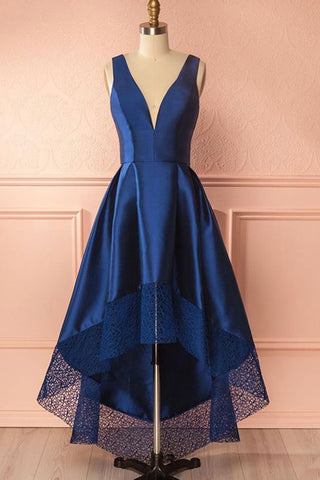 High Low V Neck Blue Satin Prom Dresses, Open Back Blue Formal Dresses, Blue Evening Dresses EP1378