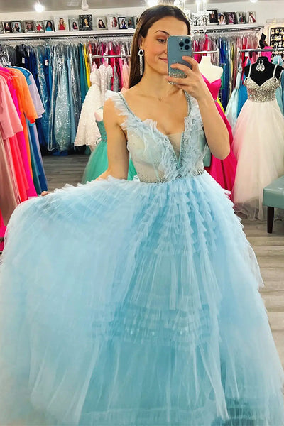 Hot Pink Light Blue Tulle Long Prom Dresses, Hot Pink Light Blue Long Formal Graduation Dresses