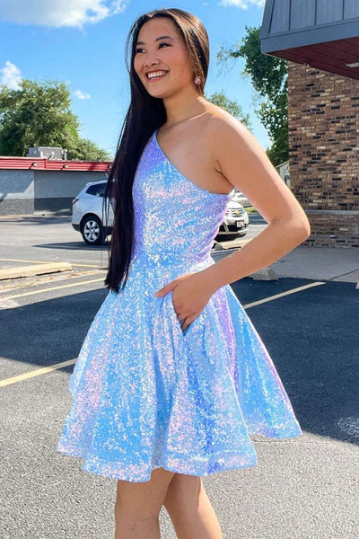 Iridescent Short Blue One Shoulder Prom Dresses, Short Blue One Shoulder Graduation Homecoming Dresses