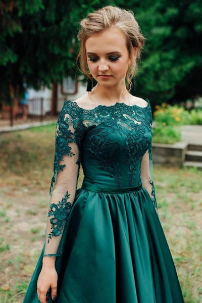 Long Sleeves Emerald Green Lace Long Prom Dresses, Emerald Green Lace Formal Graduation Evening Dresses EP1653
