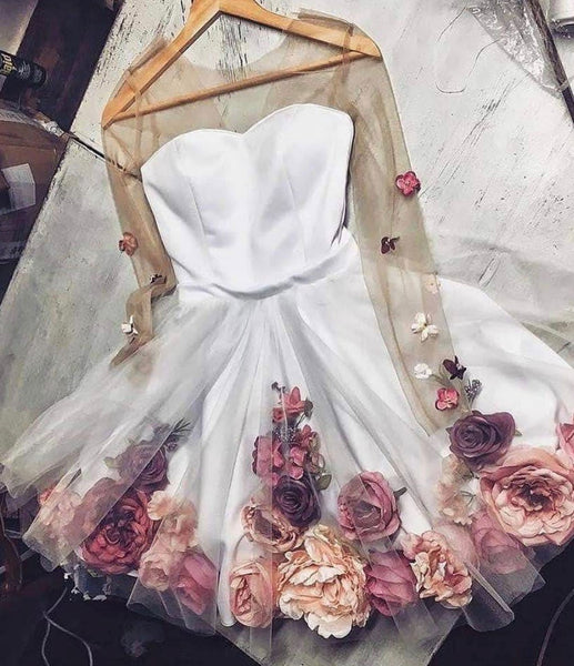 Long Sleeves Short White Floral Prom Dresses, Long Sleeves Short White Flower Graduation Homecoming Dresses