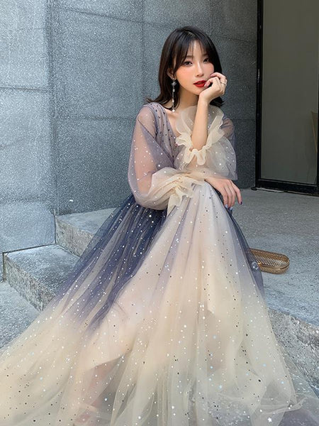 Long Sleeves Blue Ombre Beaded Prom Dresses, Long Sleeves Blue Ombre Formal Evening Dresses