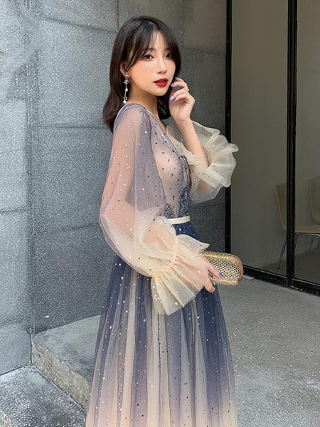 Long Sleeves Blue Ombre Beaded Prom Dresses, Long Sleeves Blue Ombre Formal Evening Dresses