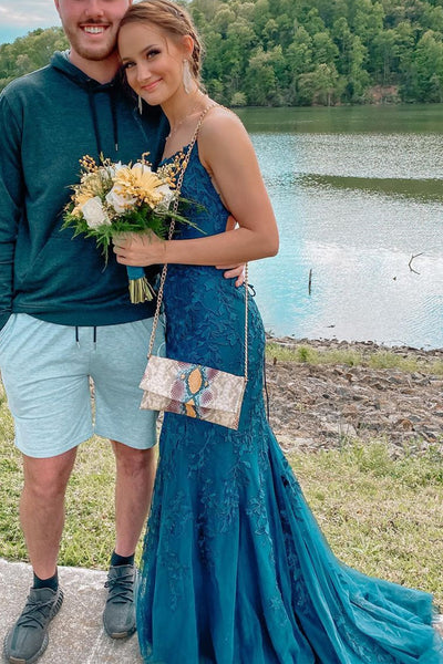 Mermaid Backless Blue Tulle Lace Long Prom Dresses, Blue Lace Formal Dresses, Mermaid Blue Evening Dresses EP1727