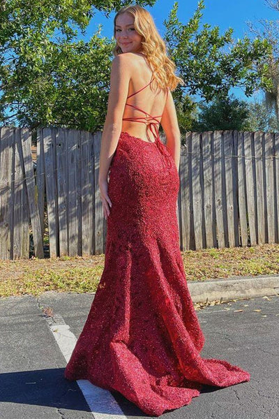 Mermaid Backless Burgundy Lace Long Prom Dresses, Burgundy Lace Formal Dresses, Burgundy Evening Dresses EP1577