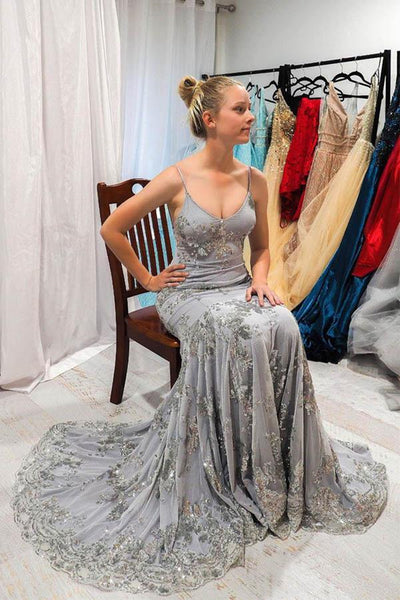 Mermaid Backless Gray Lace Long Prom Dresses, Mermaid Gray Formal Graduation Evening Dresses EP1771