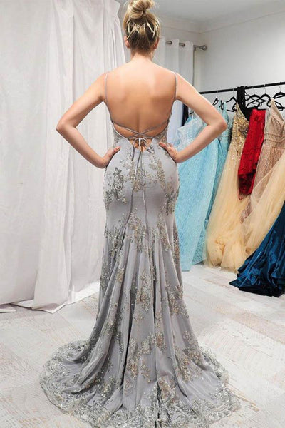 Mermaid Backless Gray Lace Long Prom Dresses, Mermaid Gray Formal Graduation Evening Dresses EP1771