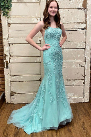 Mermaid Backless Green Tulle Lace Long Prom Dresses, Mermaid Green Formal Dresses, Green Lace Evening Dresses EP1749