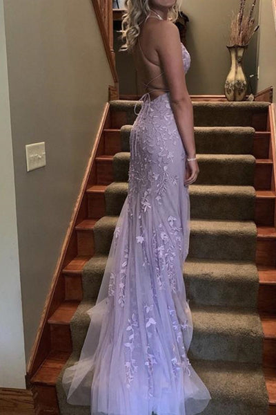 Mermaid Backless Purple Lace Long Prom Dresses, Mermaid Purple Formal Dresses, Purple Lace Evening Dresses EP1419