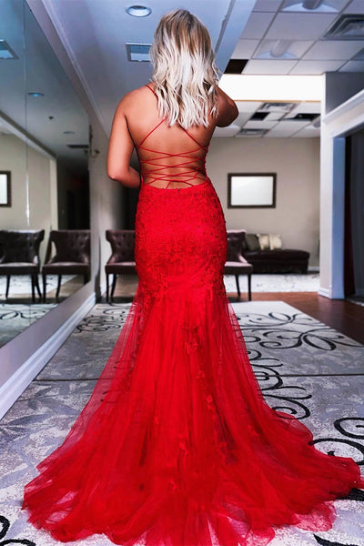 Mermaid Backless Red Lace Tulle Long Prom Dresses, Mermaid Red Formal Dresses, Red Lace Evening Dresses EP1809