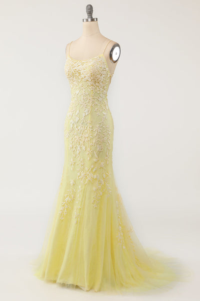 Mermaid Backless Yellow Lace Long Prom Dresses, Mermaid Yellow Formal Dresses, Yellow Lace Evening Dresses EP1891
