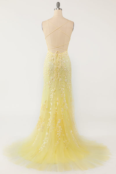 Mermaid Backless Yellow Lace Long Prom Dresses, Mermaid Yellow Formal Dresses, Yellow Lace Evening Dresses EP1891