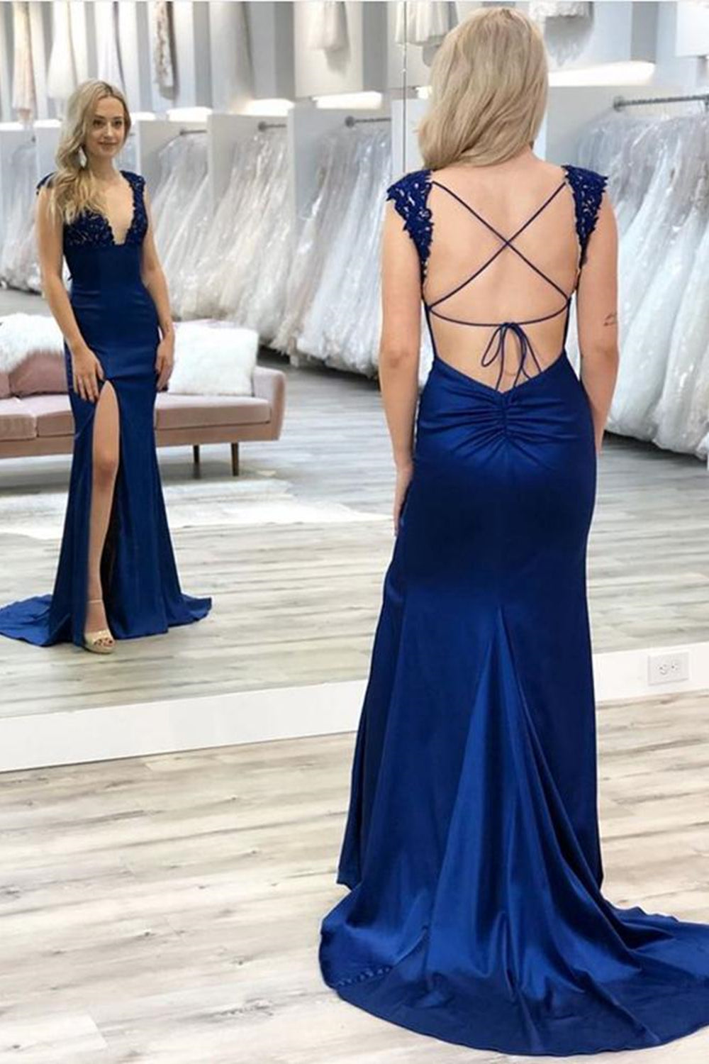 Mermaid V Neck Backless Blue Lace Prom Dresses, Blue Lace Formal Dresses, Long Blue Evening Dresses EP1536