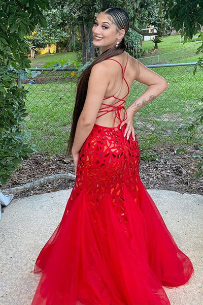 Mermaid V Neck Backless Red Sequins Tulle Long Prom Dresses, Mermaid Red Formal Dresses, Red Tulle Evening Dresses EP1849