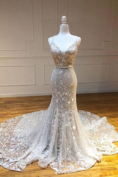 Mermaid V Neck Backless White Lace Long Prom Dresses, Mermaid Ivory Lace Formal Dresses, Ivory Lace Evening Dresses EP1464