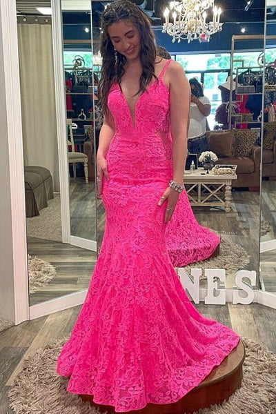 Mermaid V Neck Hot Pink Lace Long Prom Dresses, Hot Pink Mermaid Formal Dresses, Hot Pink Lace Evening Dresses EP1829