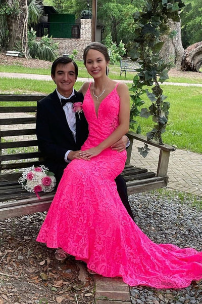 Mermaid V Neck Hot Pink Lace Long Prom Dresses, Hot Pink Mermaid Formal Dresses, Hot Pink Lace Evening Dresses EP1829