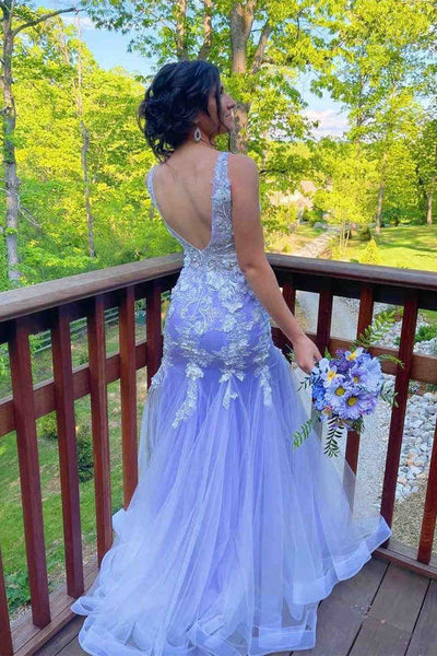 Mermaid V Neck Open Back Purple Long Prom Dresses with Lace Appliques, Mermaid Purple Lace Formal Evening Dresses EP1495