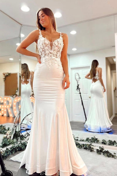 Mermaid V Neck Open Back White Lace Long Prom Dresses, White Lace Formal Dresses, Mermaid White Evening Dresses EP1701
