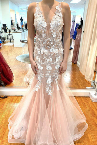 Mermaid V Neck Pink Lace Floral Long Prom Dresses, Mermaid Pink Formal Dresses, Pink Lace Evening Dresses EP1718