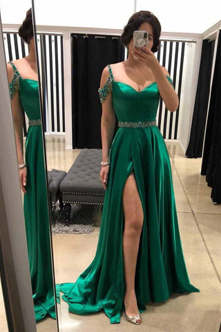 Off Shoulder Beaded Green Satin Long Prom Dresses with High Slit, Off the Shoulder Green Formal Graduation Evening Dresses EP1736