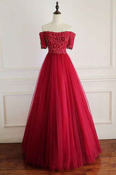 Off Shoulder Burgundy Lace Long Prom Dresses, Burgundy Lace Formal Dresses, Burgundy Evening Dresses EP1634