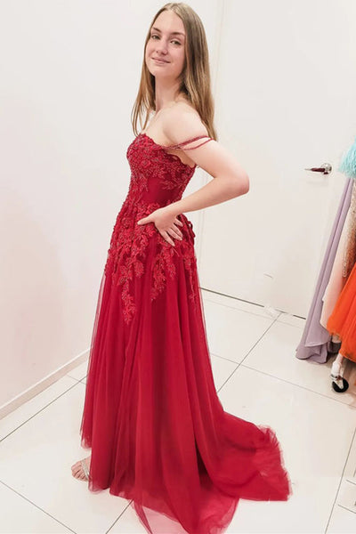 Off Shoulder Burgundy Tulle Lace Long Prom Dresses with High Slit, Burgundy Lace Formal Dresses, Burgundy Evening Dresses EP1764