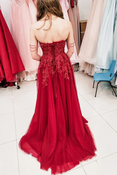 Off Shoulder Burgundy Tulle Lace Long Prom Dresses with High Slit, Burgundy Lace Formal Dresses, Burgundy Evening Dresses EP1764