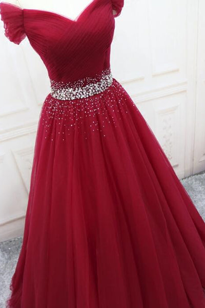 Off Shoulder Burgundy Tulle Long Prom Dresses with Sequins, Burgundy Tulle Formal Evening Dresses EP1686