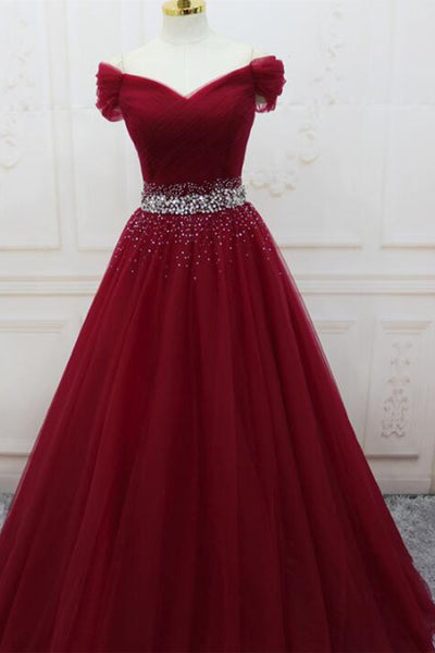 Off Shoulder Burgundy Tulle Long Prom Dresses with Sequins, Burgundy Tulle Formal Evening Dresses EP1686