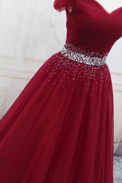 Off Shoulder Burgundy Tulle Long Prom Dresses with Sequins, Burgundy Tulle Formal Evening Dresses EP1686