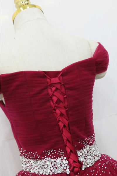 Off Shoulder Burgundy Tulle Long Prom Dresses with Sequins, Burgundy Tulle Formal Evening Dresses EP1686