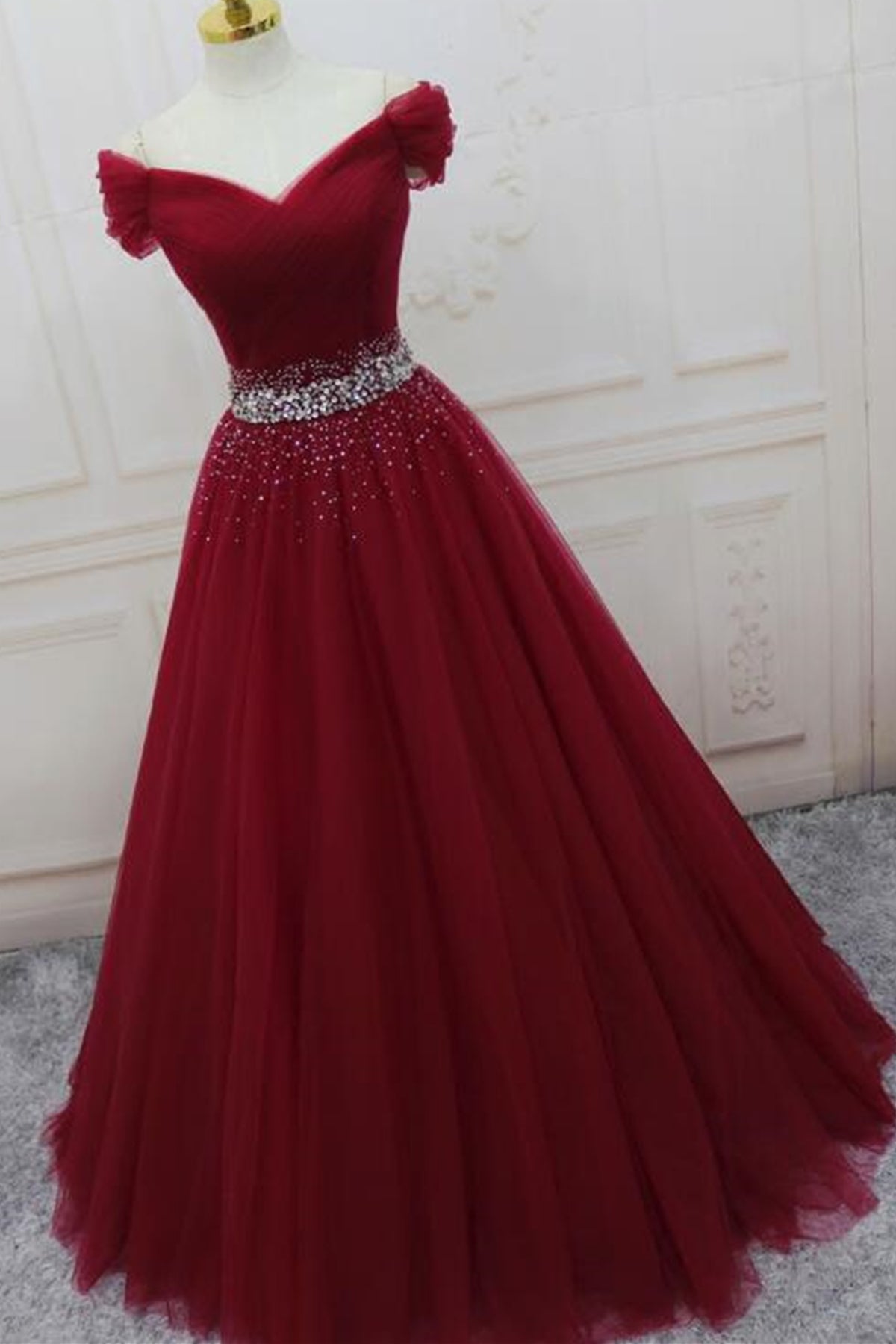 Off Shoulder Burgundy Tulle Long Prom Dresses with Sequins, Burgundy Tulle Formal Evening Dresses EP1686