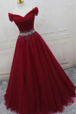 Off Shoulder Burgundy Tulle Long Prom Dresses with Sequins, Burgundy Tulle Formal Evening Dresses EP1686