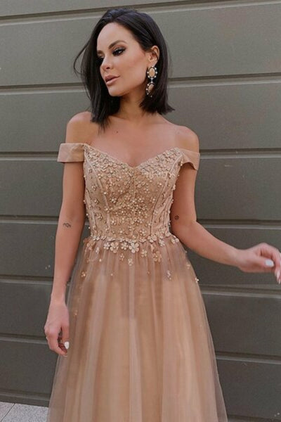 Off Shoulder Champagne Lace Long Prom Dresses, Champagne Lace Formal Graduation Evening Dresses EP1490