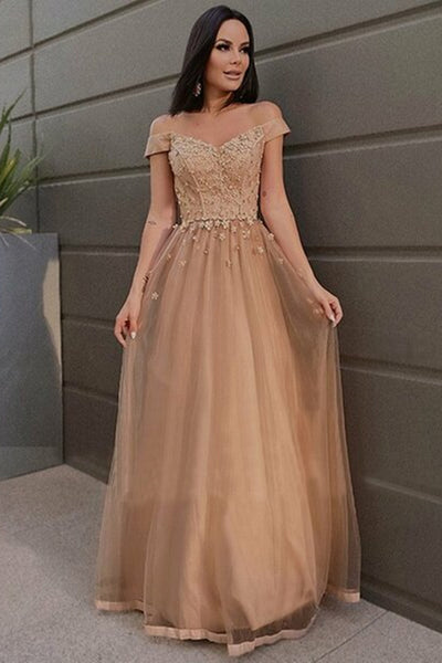 Off Shoulder Champagne Lace Long Prom Dresses, Champagne Lace Formal Graduation Evening Dresses EP1490