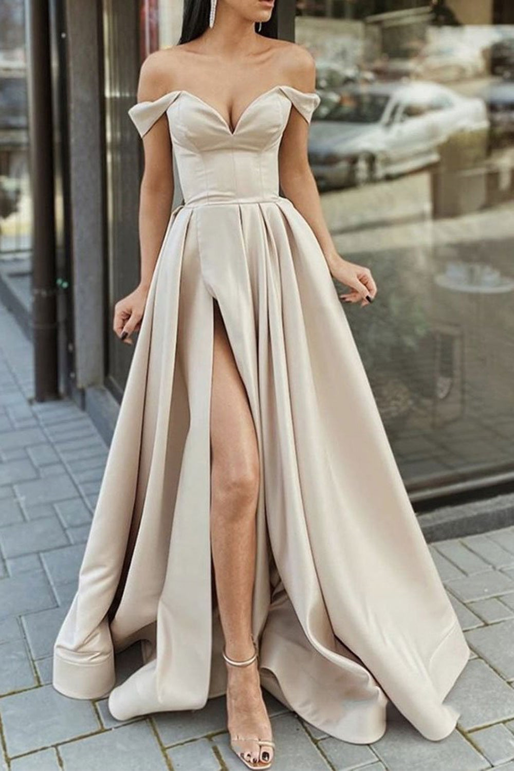 Off Shoulder Champagne Satin Long Prom Dresses with High Slit, Champagne Formal Graduation Evening Dresses
