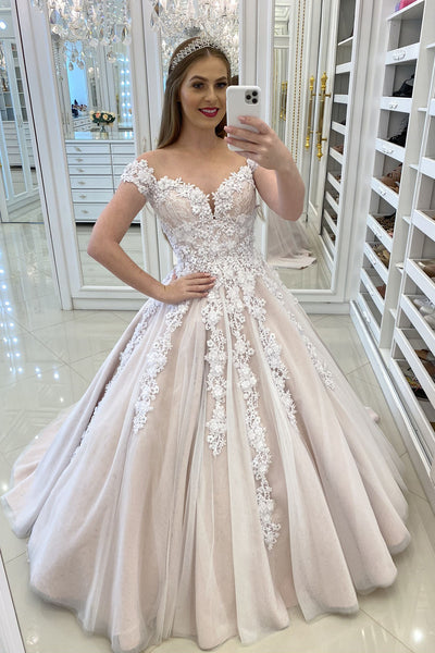 Off Shoulder Champagne Tulle Lace Long Prom Dresses, Off Shoulder Champagne Formal Dresses, Champagne Lace Evening Dresses EP1680