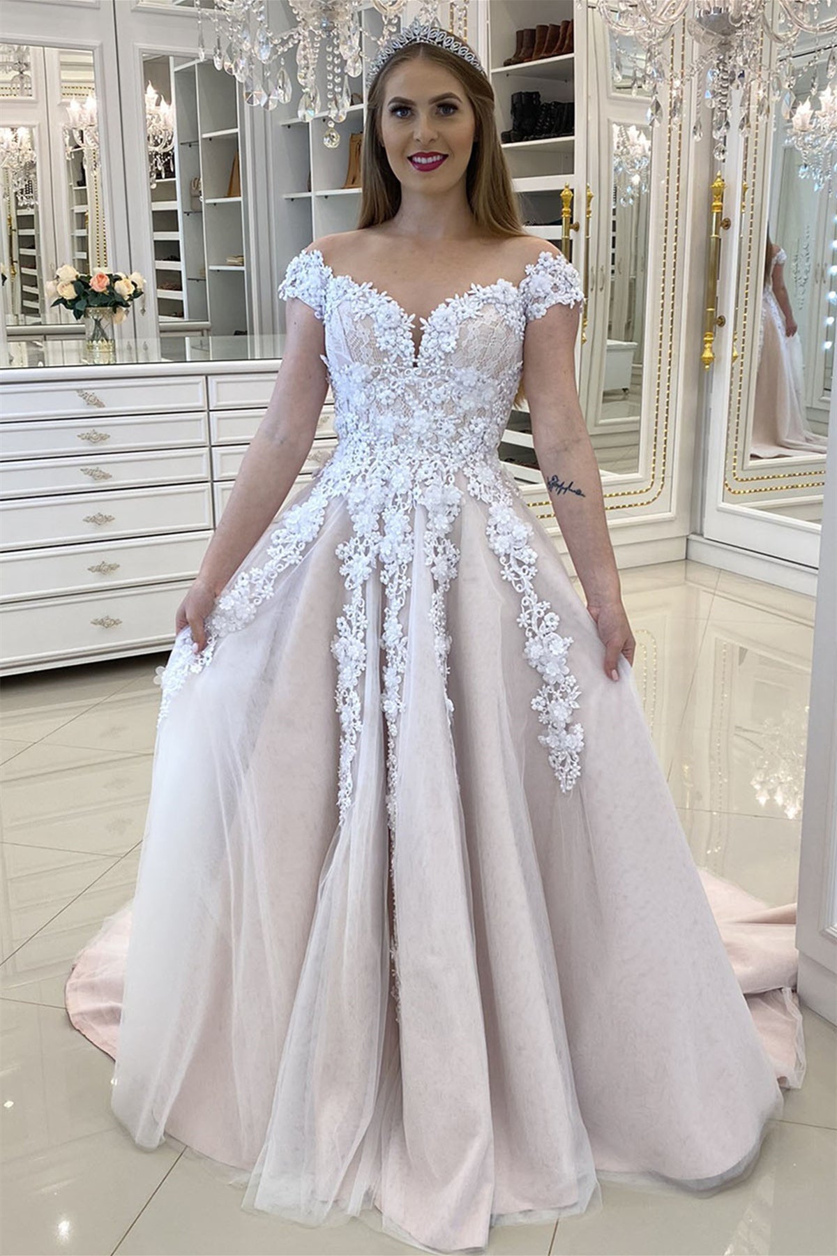 Off Shoulder Champagne Tulle Lace Long Prom Dresses, Off Shoulder Champagne Formal Dresses, Champagne Lace Evening Dresses EP1680