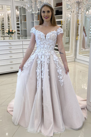 Off Shoulder Champagne Tulle Lace Long Prom Dresses, Off Shoulder Champagne Formal Dresses, Champagne Lace Evening Dresses EP1680