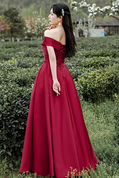 Off Shoulder Dark Red Satin Long Prom Dress, Off the Shoulder Dark Red Formal Dress, Dark Red Evening Dress