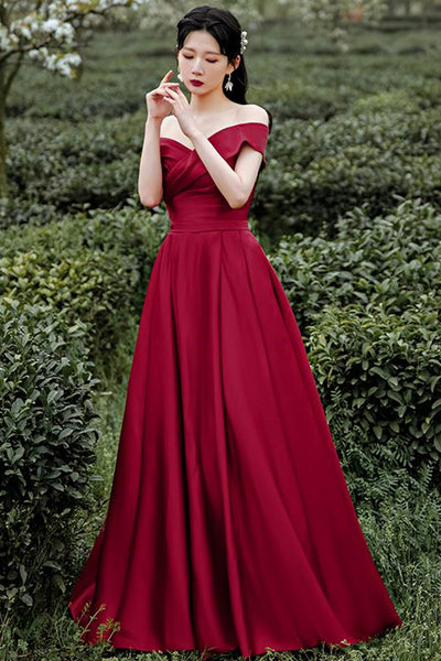 Off Shoulder Dark Red Satin Long Prom Dress, Off the Shoulder Dark Red Formal Dress, Dark Red Evening Dress