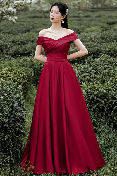 Off Shoulder Dark Red Satin Long Prom Dress, Off the Shoulder Dark Red Formal Dress, Dark Red Evening Dress